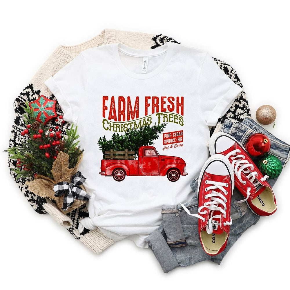 Farm Fresh Christmas Trees Truck Short Sleeve Crewnneck Tee