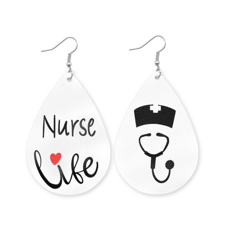 Faux Leather White Teardrop Nurse Life Earrings