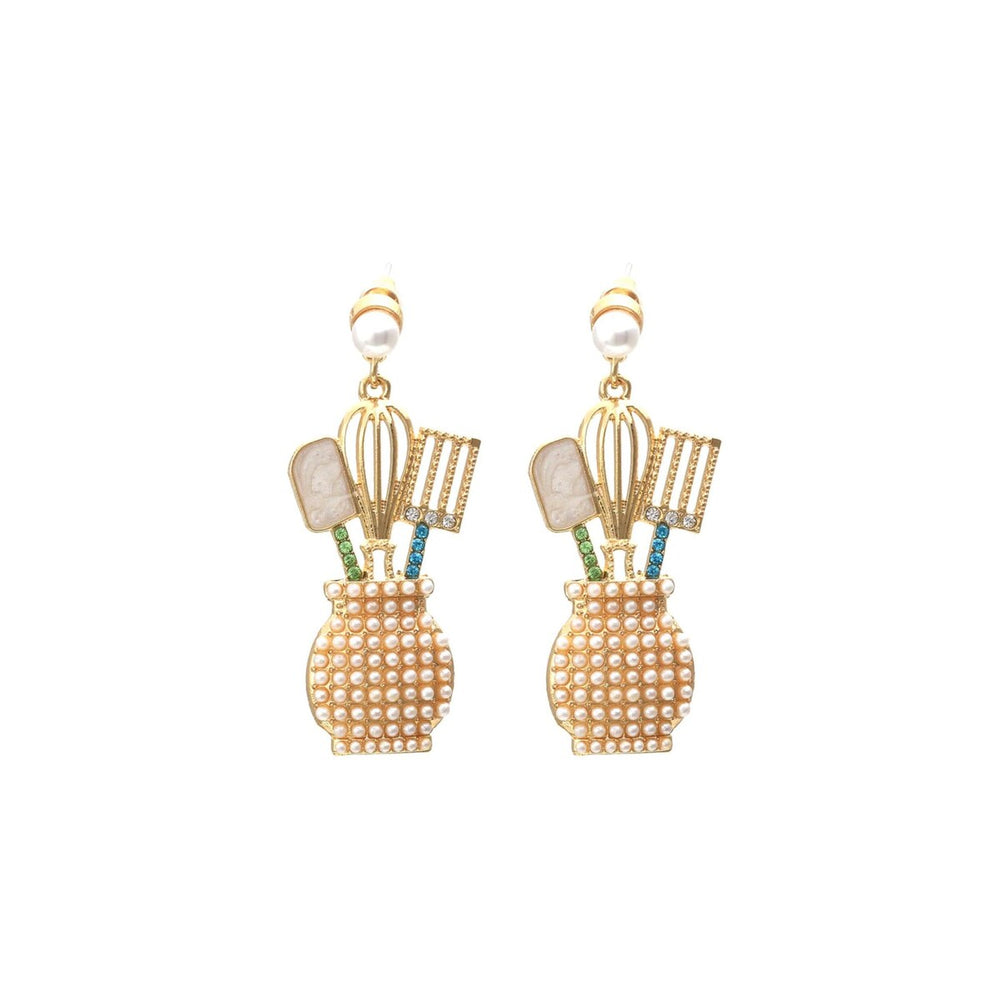 Faux Pearl & Goldtone Kitchen Utensils Drop Earrings