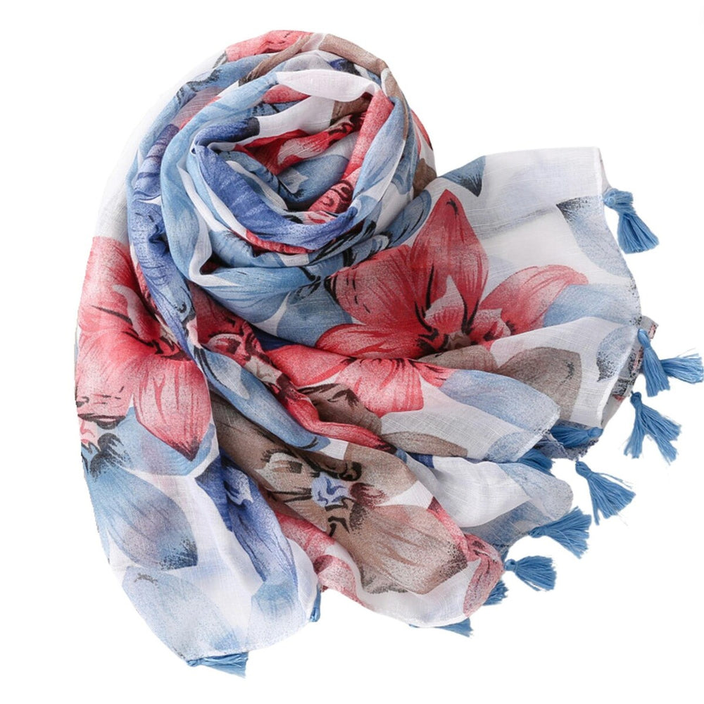 Floral Botanical Scarf with Tassels in Blue and Red