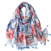 Floral Botanical Scarf with Tassels in Blue and Red