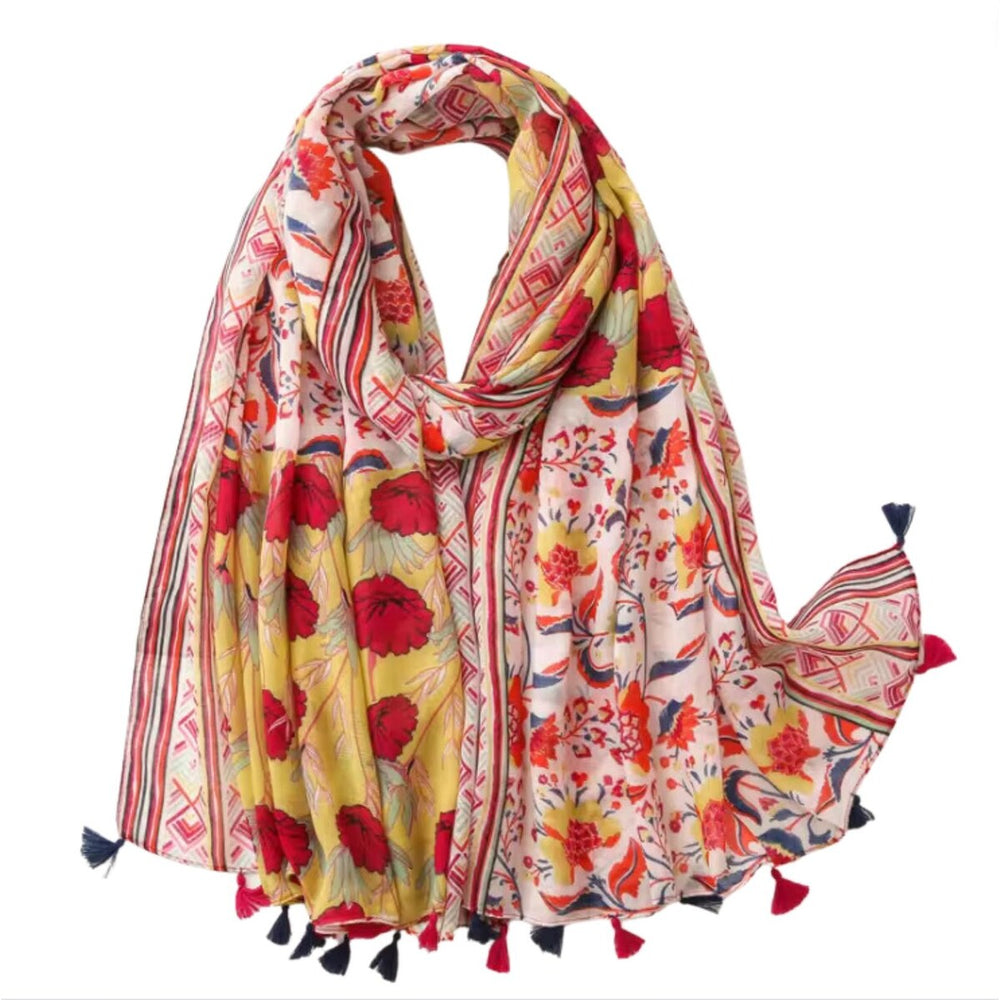 Floral Lightweight Scarf with Tassels in Red Hues