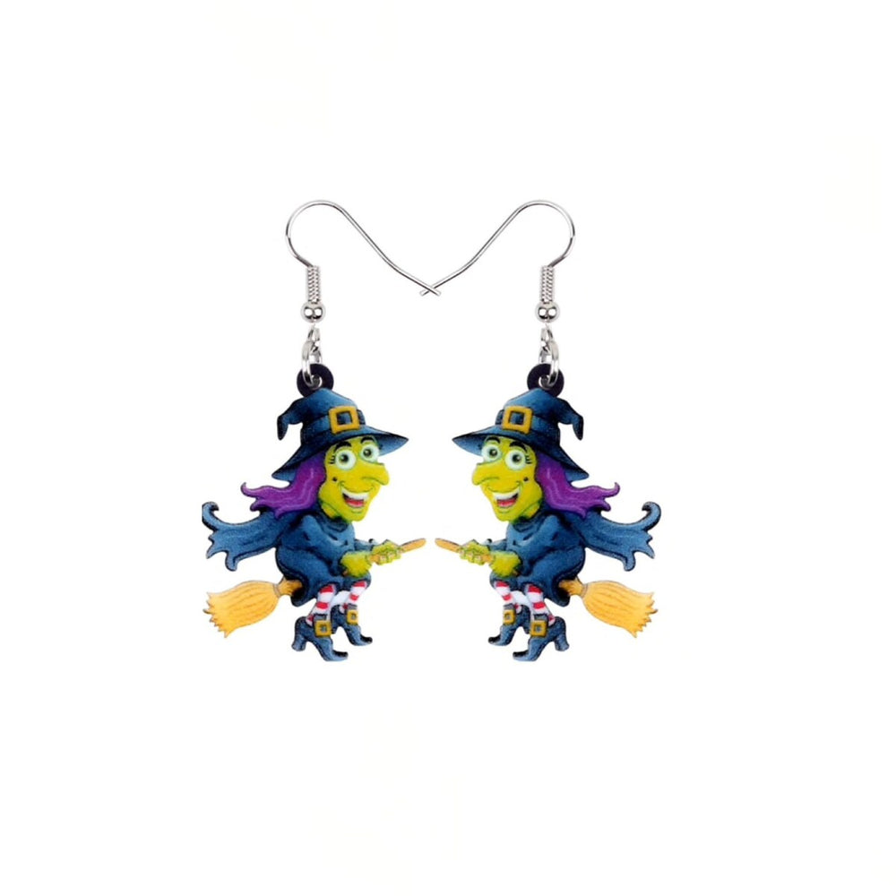 Flying Green Witch Drop Earrings