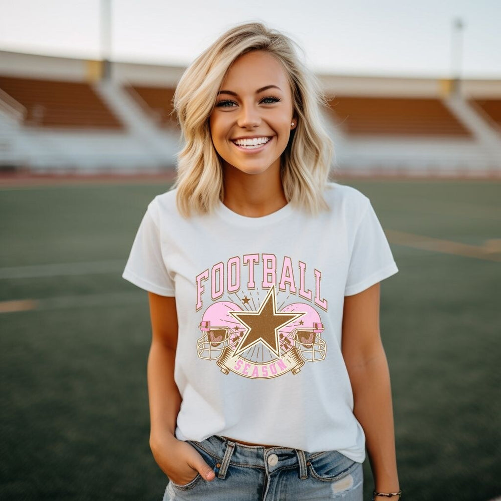 Football Season Pink Helmet Short Sleeve Crewnneck Tee