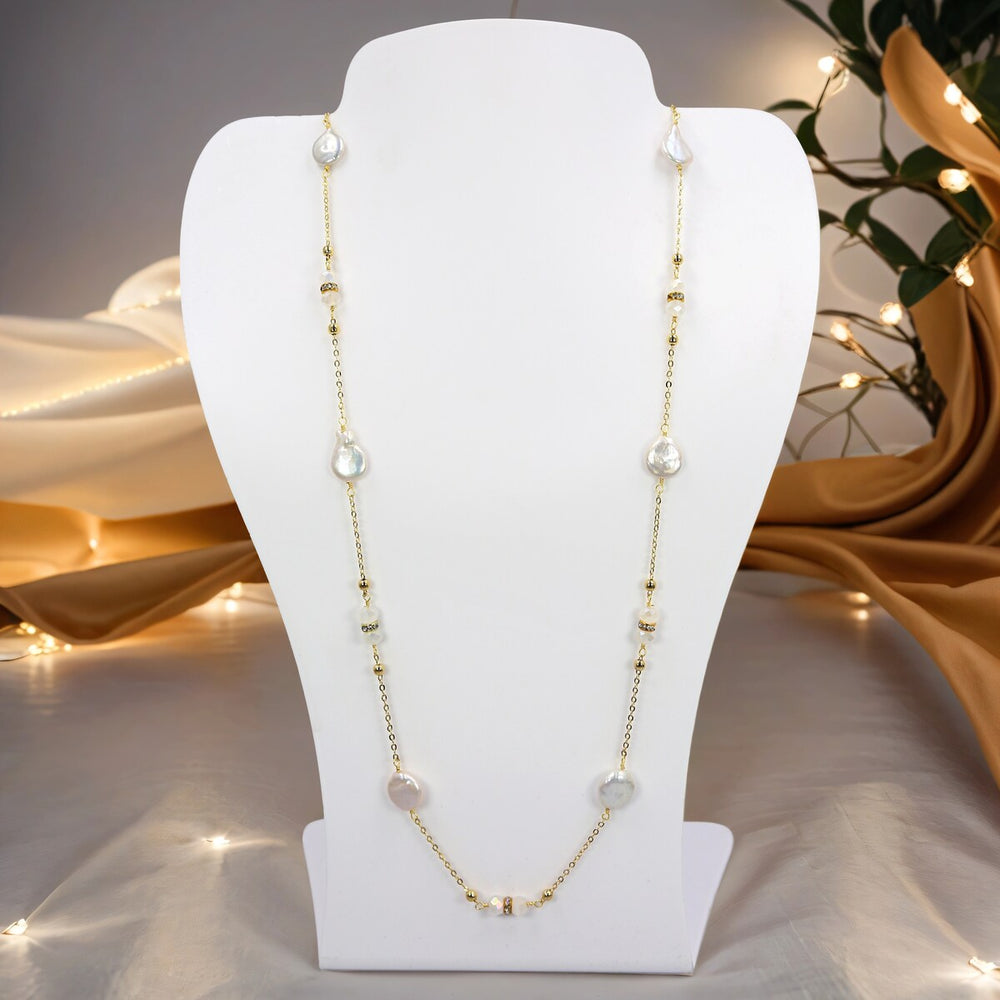 Freshwater Cultured Coin Pearls and Crystal Station Necklace