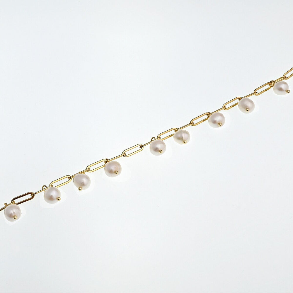 Freshwater Pearl Charm Station Paperclip Chain Bracelet