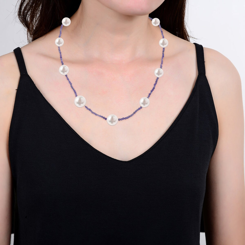 Freshwater Pearl and Amethyst Station Necklace in Sterling Silver