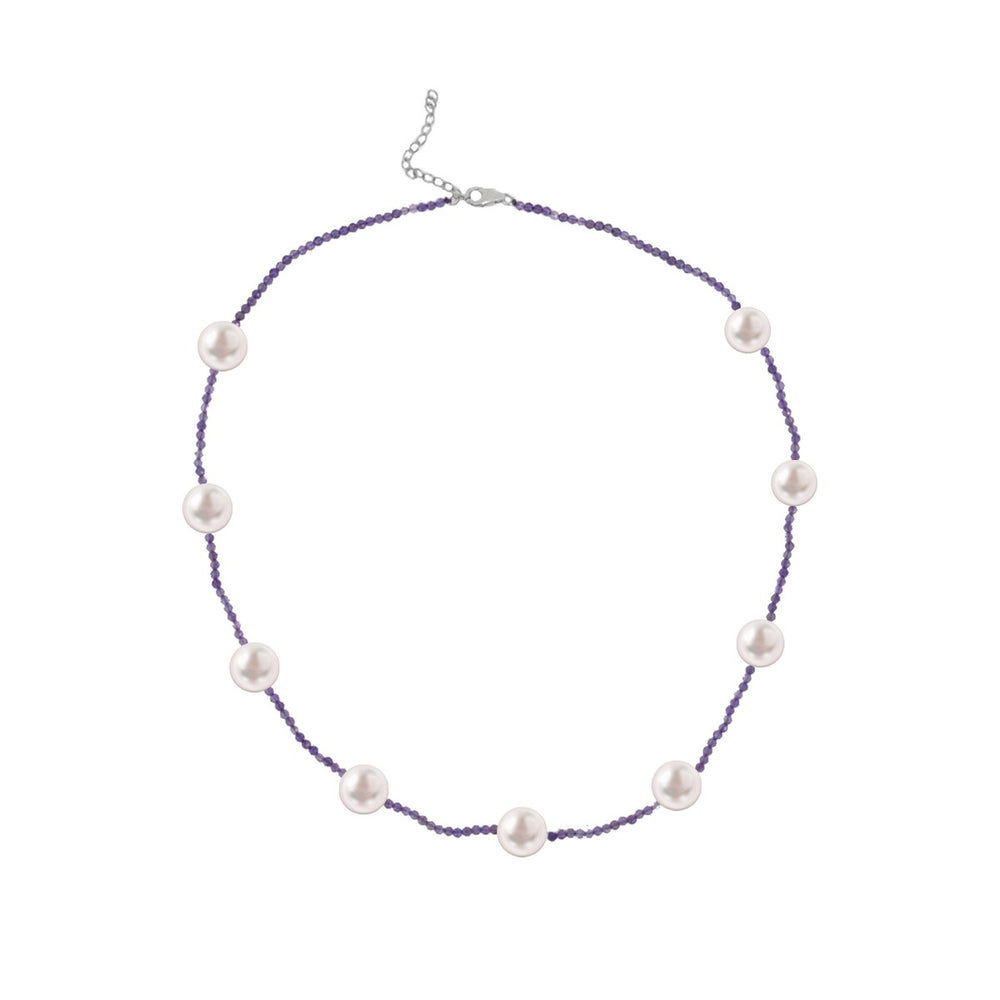 Freshwater Pearl and Amethyst Station Necklace in Sterling Silver