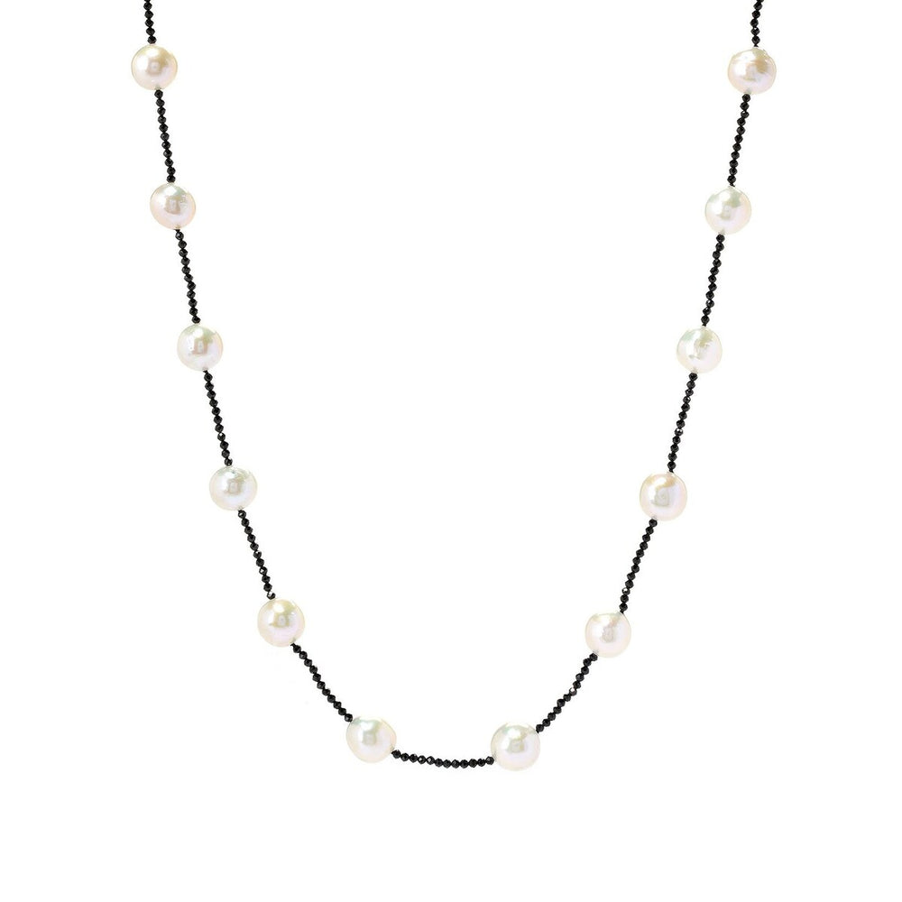 Freshwater Pearl and Black Spinel Beaded Sterling Silver Station Necklace