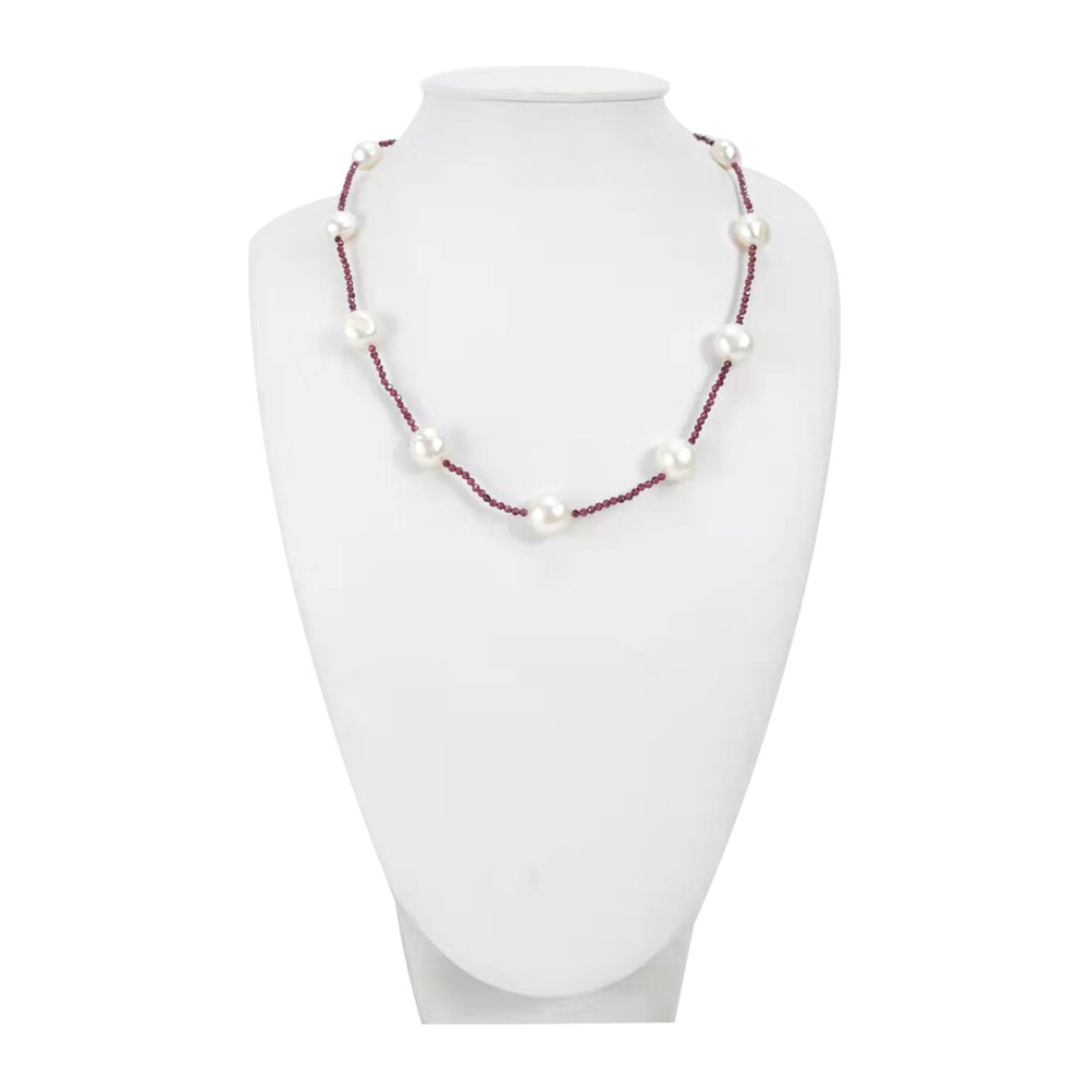 Freshwater Pearl and Garnet Beaded Station Necklace