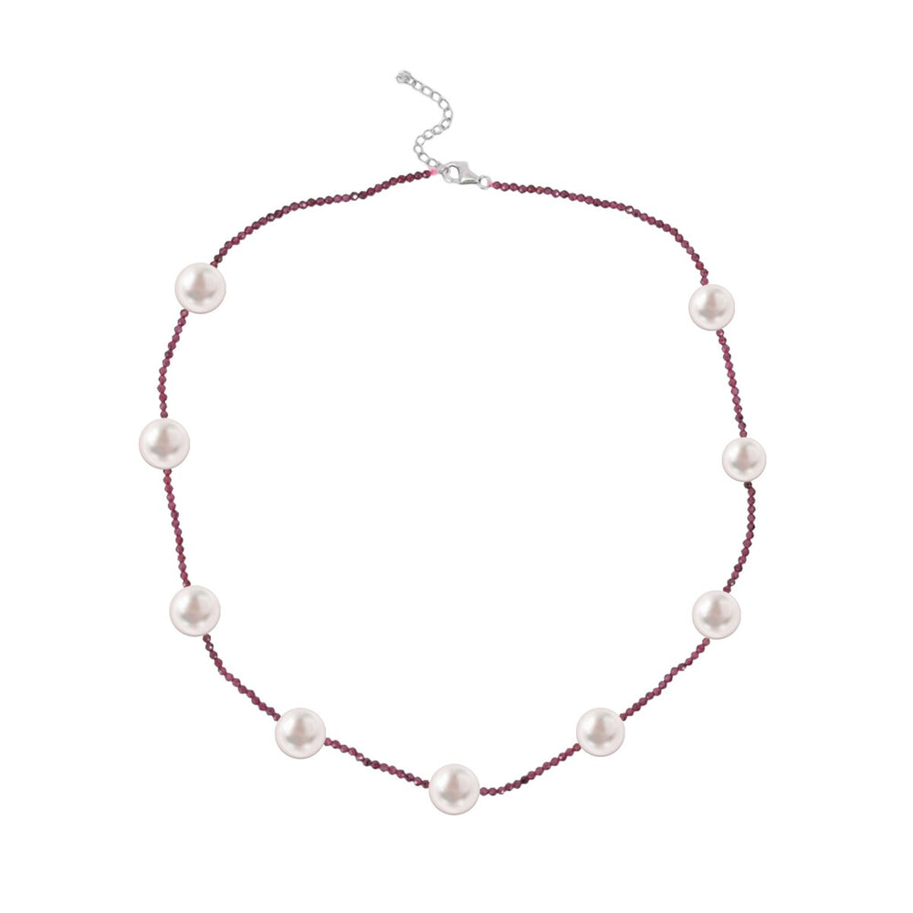 Freshwater Pearl and Garnet Beaded Station Necklace