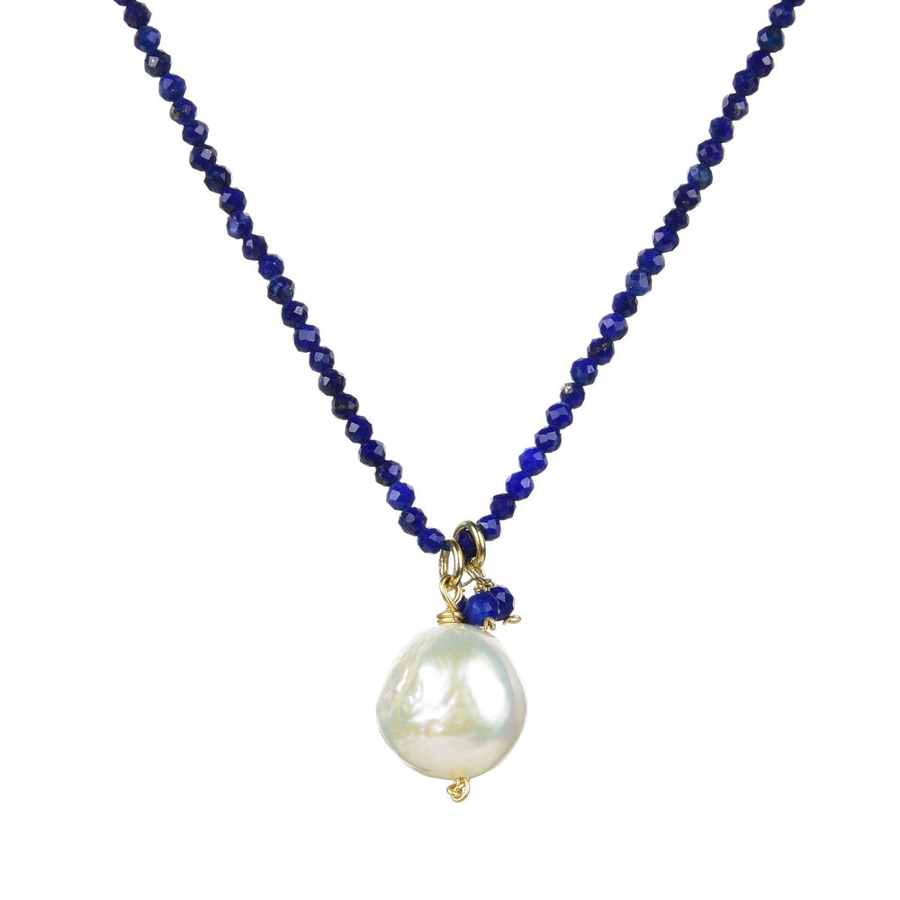 Freshwater Pearl and Lapis Beaded Pendant Necklace