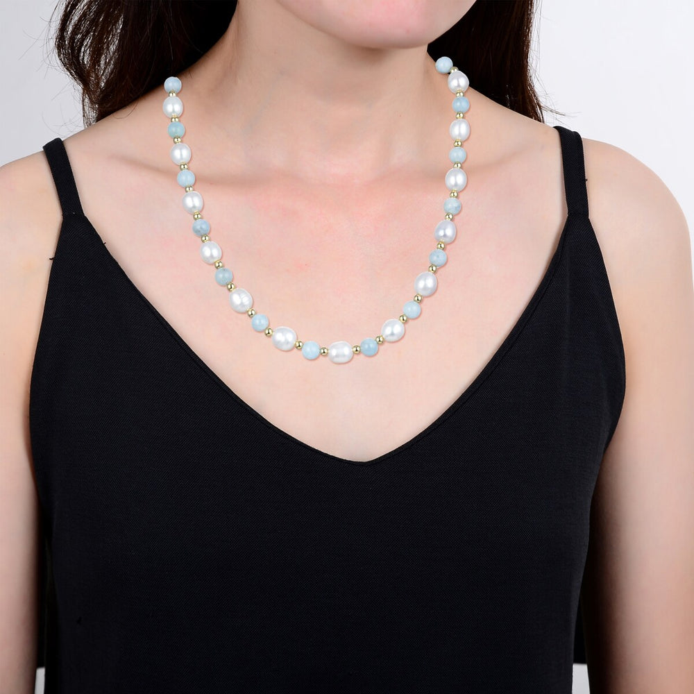 Freshwater Pearl with Aquamarine Beaded Necklace