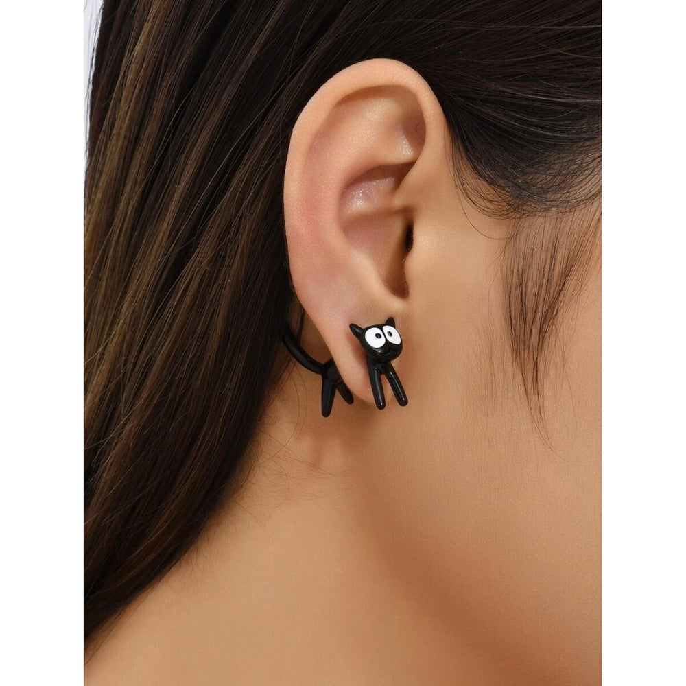 Funny Black Cat Dual Stud Earrings