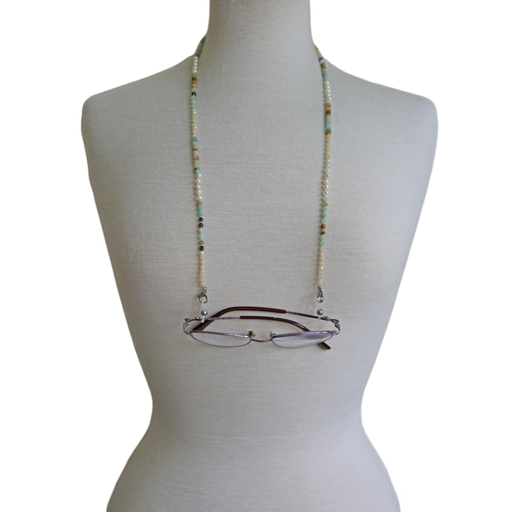 Gemstone -Amazonite or Sodalite- Pearl & Crystal Lanyard Necklace