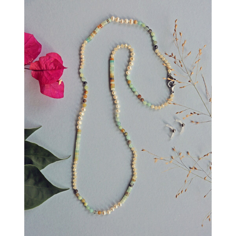 Gemstone -Amazonite or Sodalite- Pearl & Crystal Lanyard Necklace