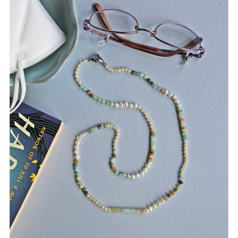 Gemstone -Amazonite or Sodalite- Pearl & Crystal Lanyard Necklace