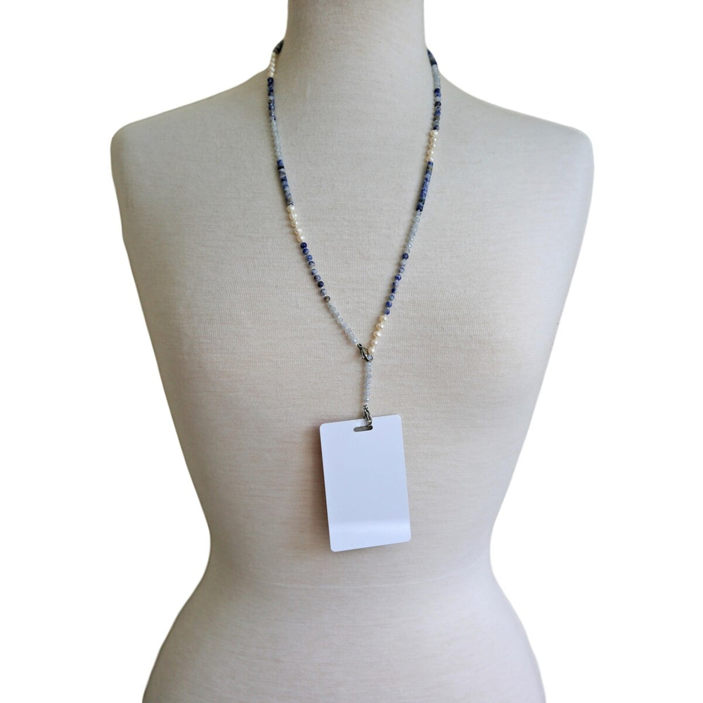 Gemstone -Amazonite or Sodalite- Pearl & Crystal Lanyard Necklace