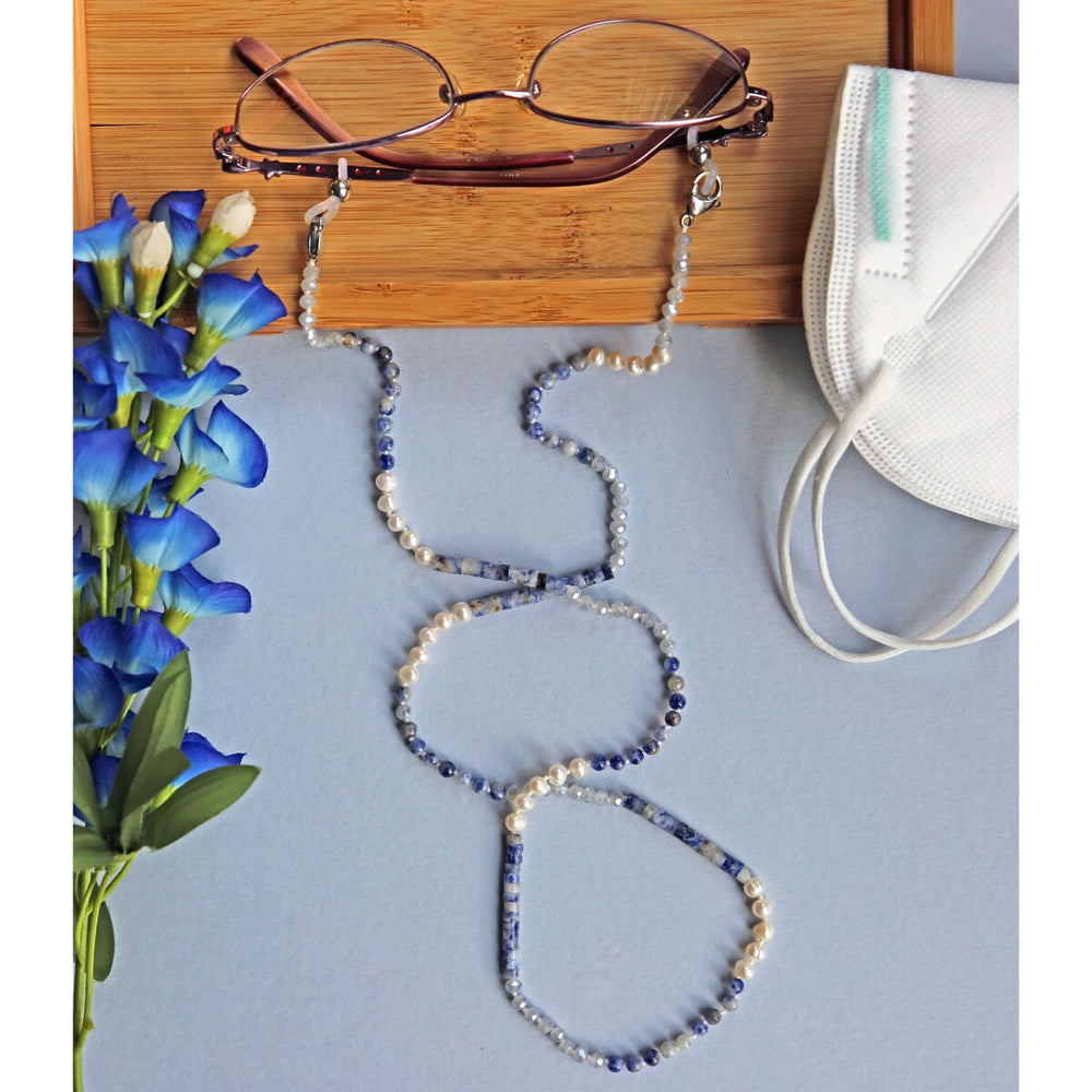 Gemstone -Amazonite or Sodalite- Pearl & Crystal Lanyard Necklace