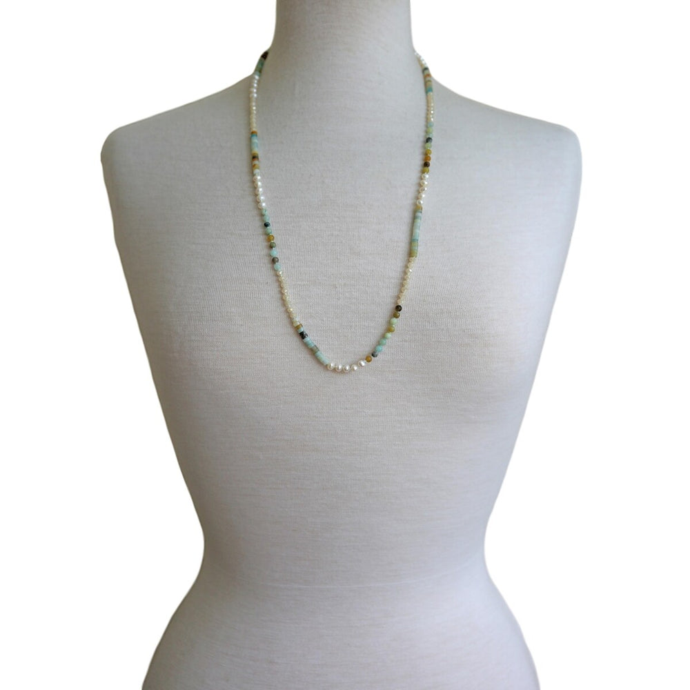 Gemstone -Amazonite or Sodalite- Pearl & Crystal Lanyard Necklace