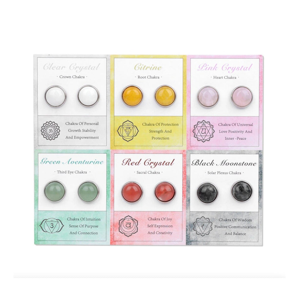 Gemstone Set of 6 Circular Stud Earrings: White, Citrine, Pink, Aventurine, Red & Black Moonstone