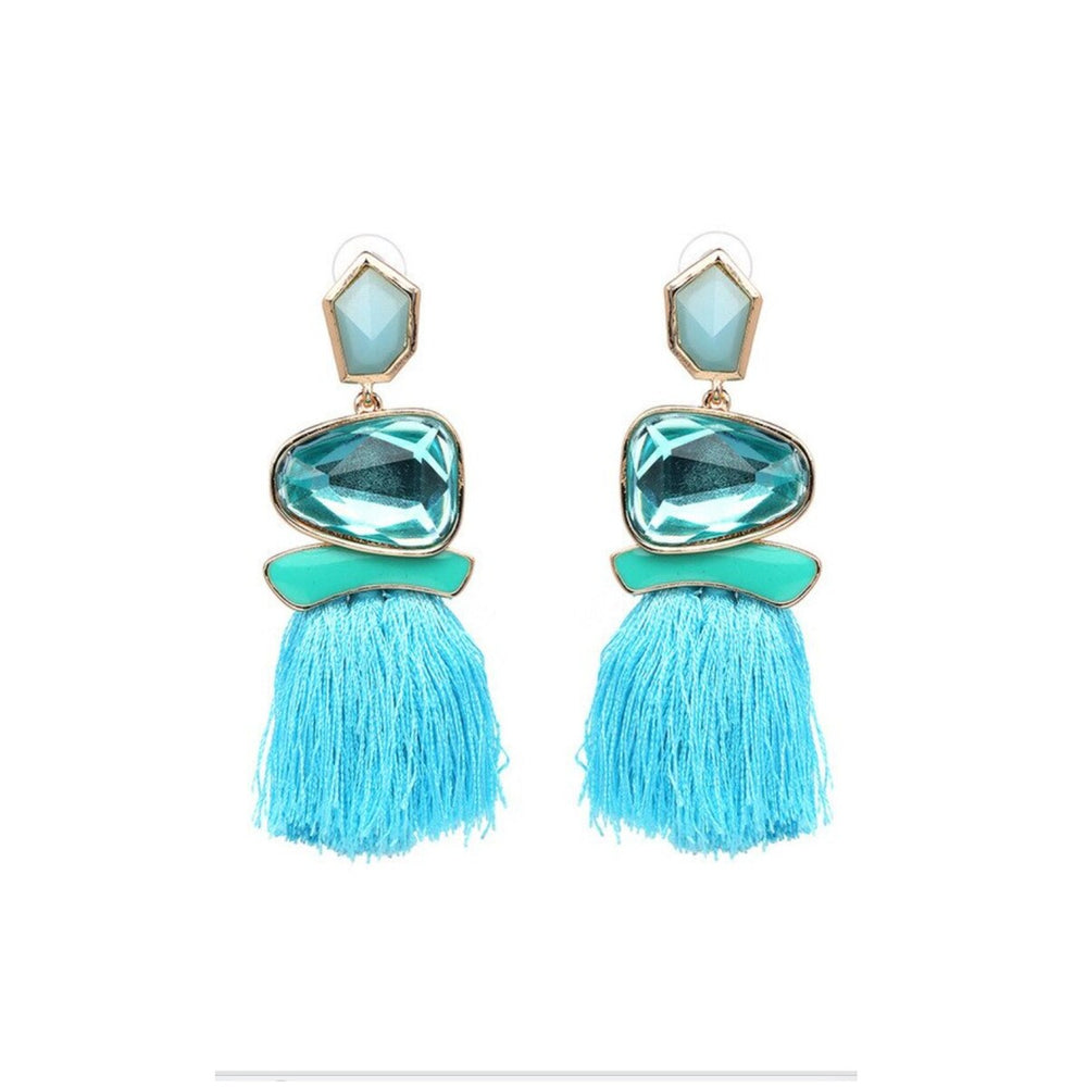 Geometric Crystal And Tassel Statement Drop Earrings