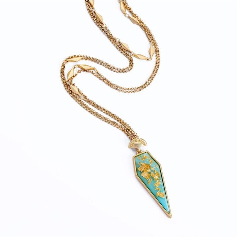 Gold Flake Turquoise Spike Pendant Necklace - White