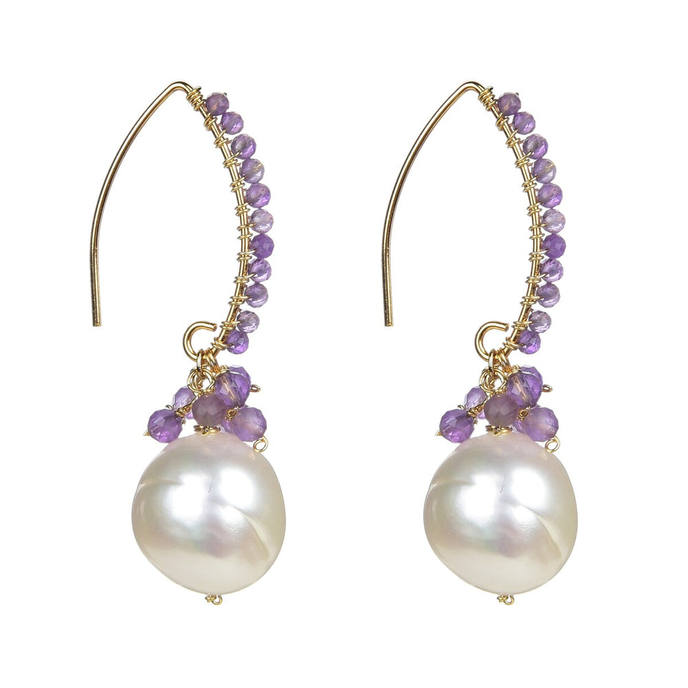 Gold Over Sterling Silver Amethyst and Pearl Dangle Earrings