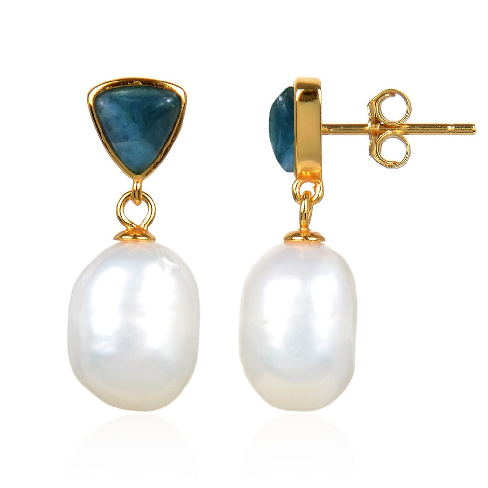 Gold Over Sterling Silver Freshwater Pearl and Apatite Dangle Earrings