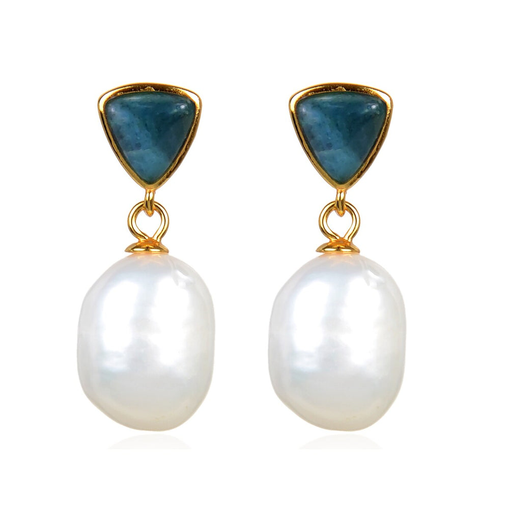 Gold Over Sterling Silver Freshwater Pearl and Apatite Dangle Earrings