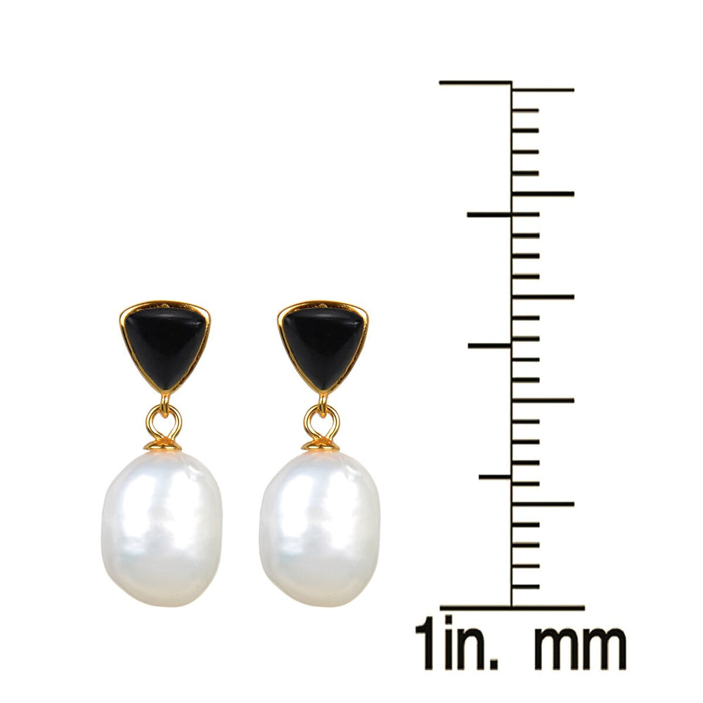 Gold Over Sterling Silver Freshwater Pearl and Black Onyx Dangle Earrings