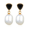 Gold Over Sterling Silver Freshwater Pearl and Black Onyx Dangle Earrings