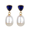 Gold Over Sterling Silver Freshwater Pearl and Blue Sapphire Dangle Earrings