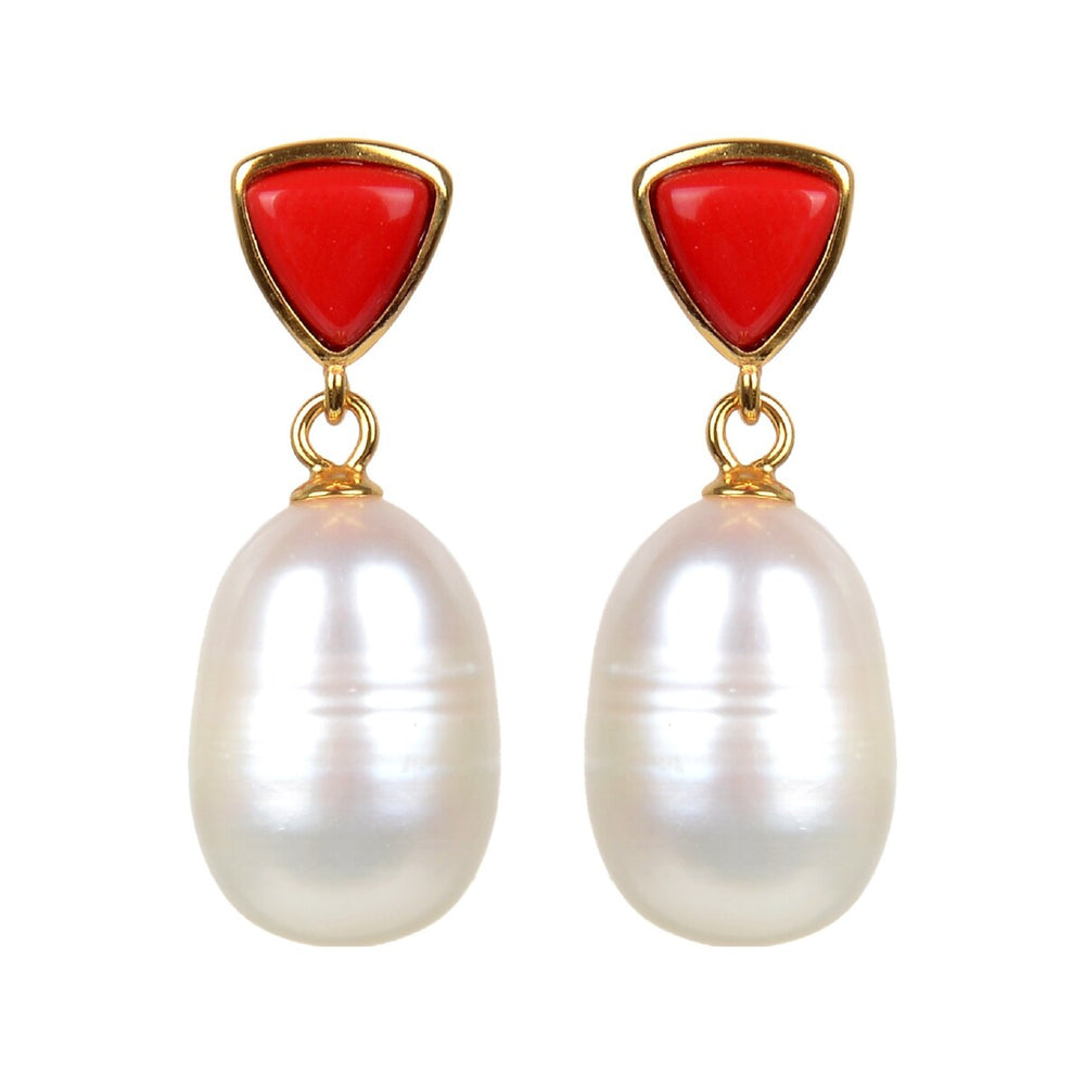 Gold Over Sterling Silver Freshwater Pearl and Coral Dangle Earrings