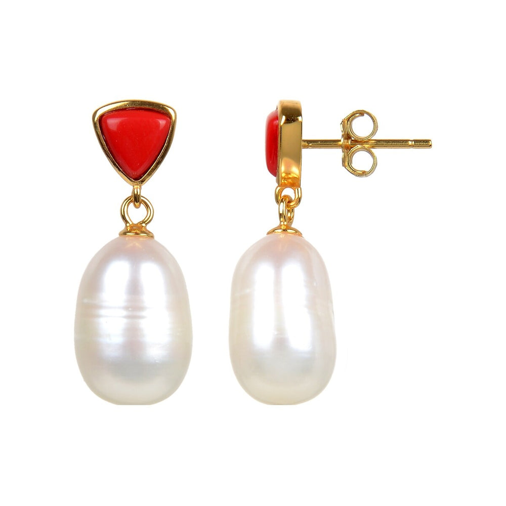 Gold Over Sterling Silver Freshwater Pearl and Coral Dangle Earrings