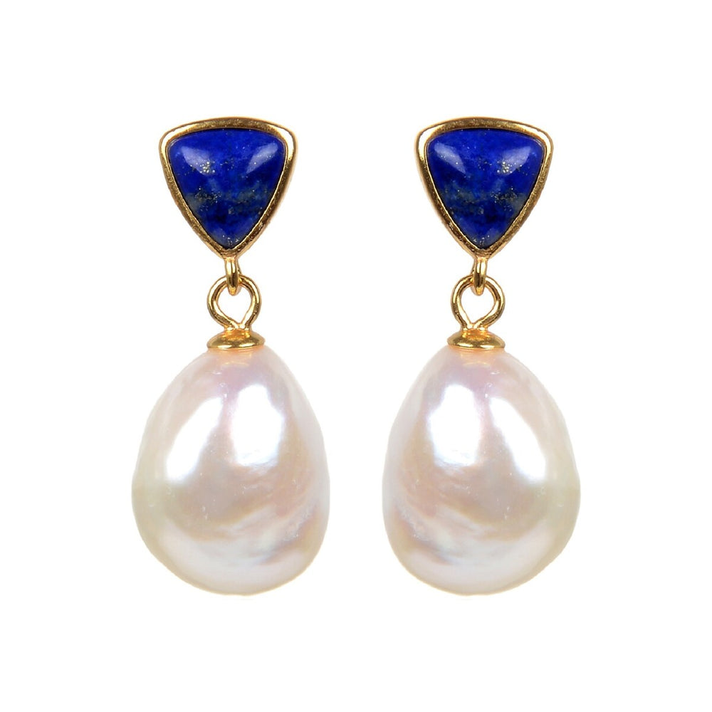 Gold Over Sterling Silver Freshwater Pearl and Lapis Dangle Earrings