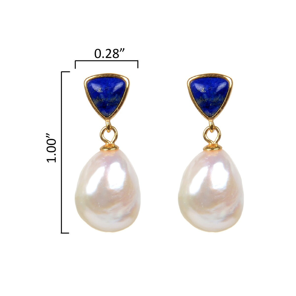 Gold Over Sterling Silver Freshwater Pearl and Lapis Dangle Earrings