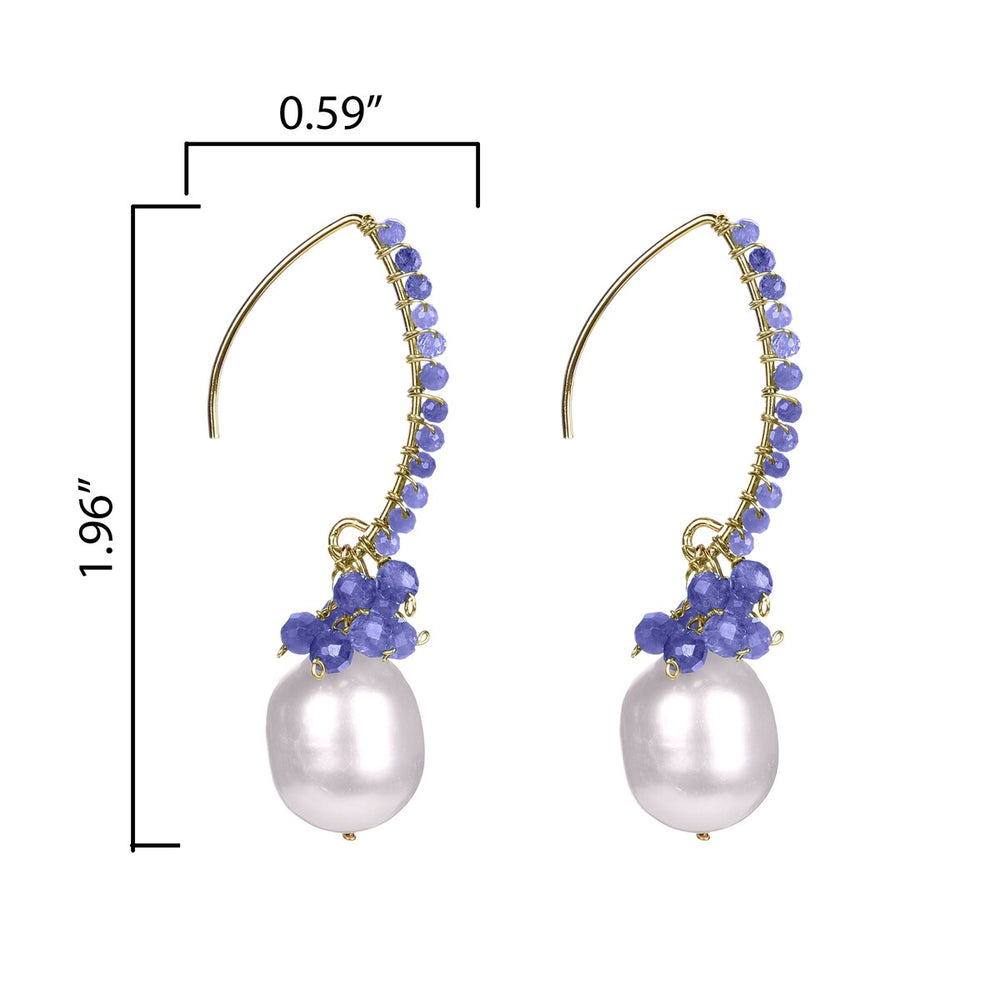 Gold Over Sterling Silver Freshwater Pearl and Tanzaniate Dangle Earrings