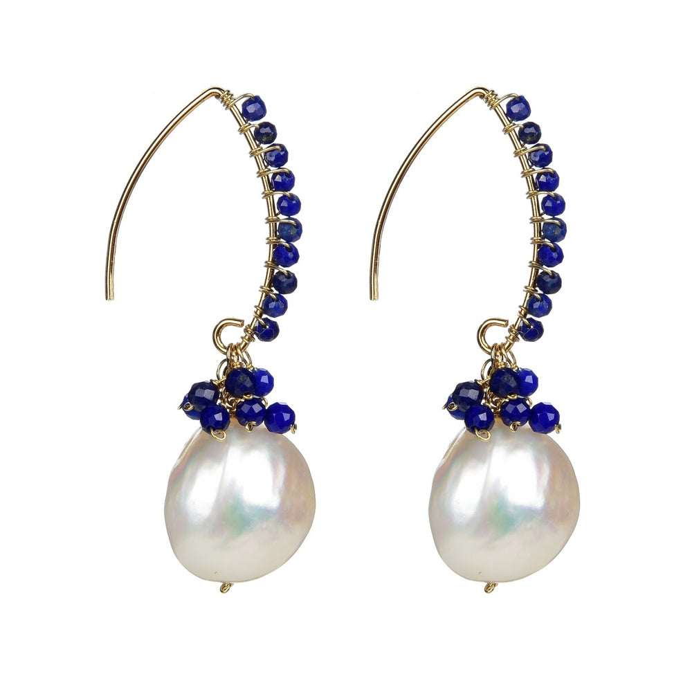 Gold Over Sterling Silver Lapis and Pearl Dangle Earrings