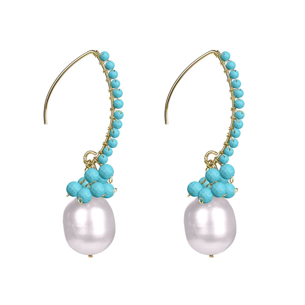 Gold Over Sterling Silver with Freshwater Pearl and Turquoise Dangle Earrings