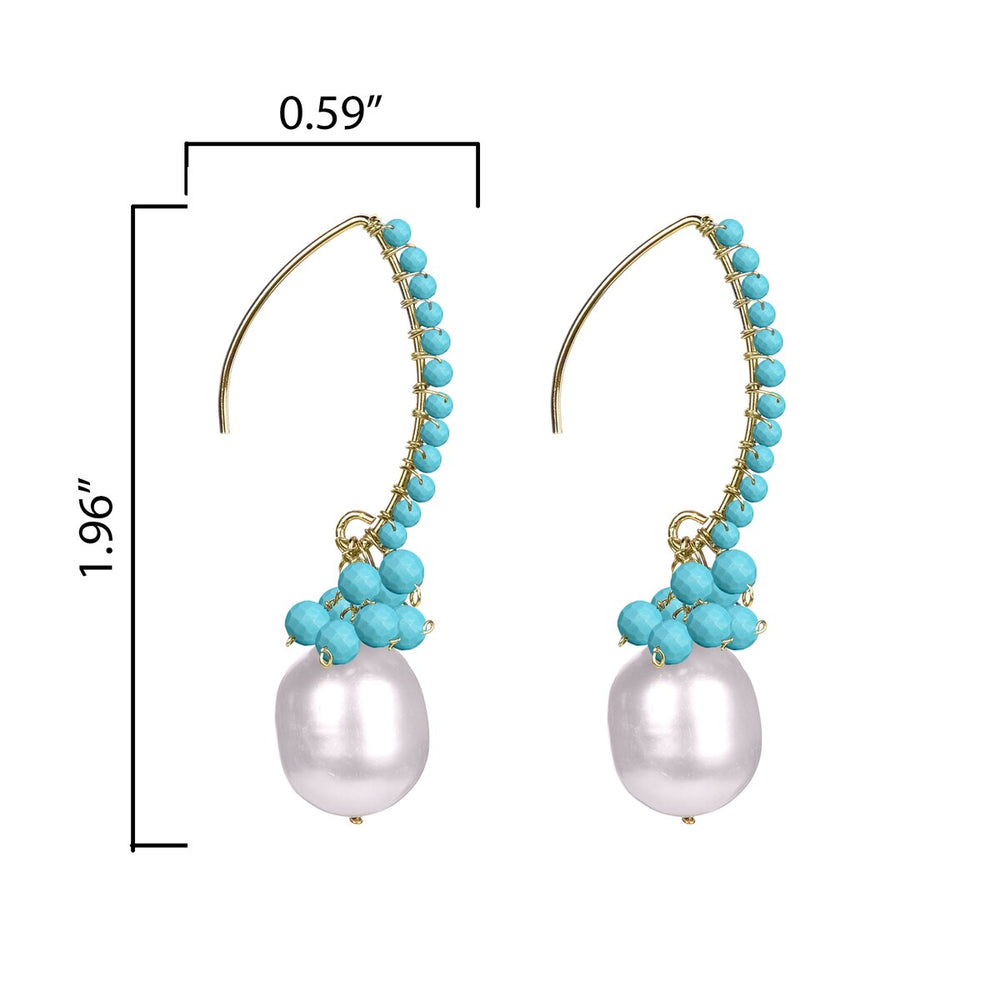 Gold Over Sterling Silver with Freshwater Pearl and Turquoise Dangle Earrings