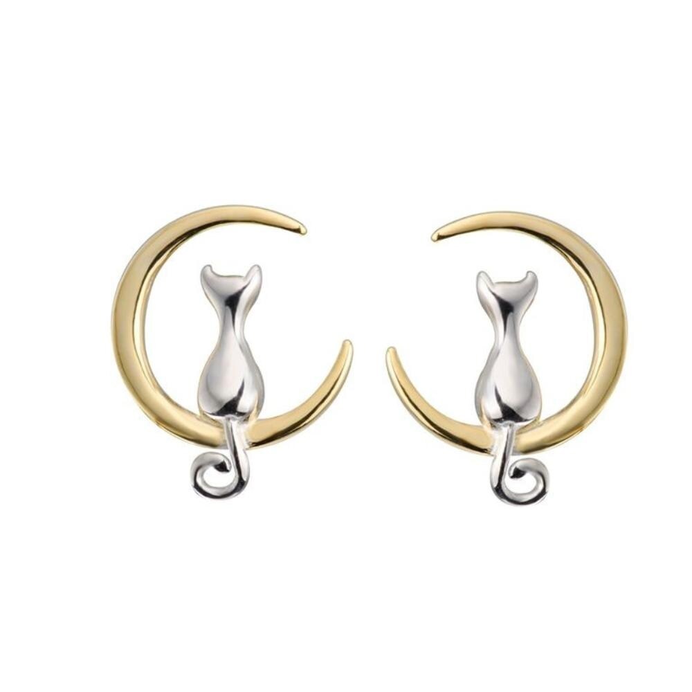 Gold Plated Sterling Silver Two Toned Cat on Moon Earrings