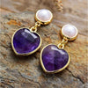 Goldtone Amethyst Heart Imitation Pearl Drop Earrings