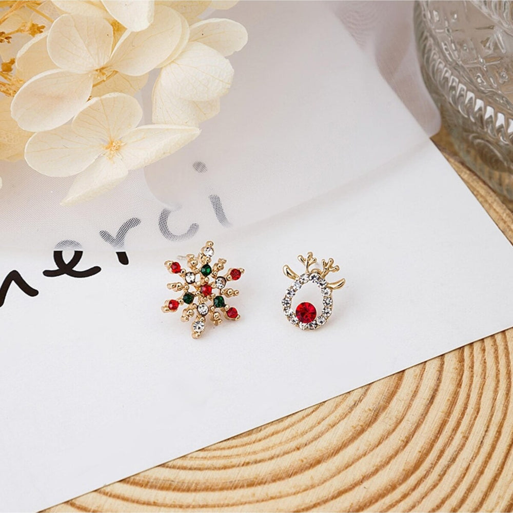 Goldtone Asymmetrical Snowflake Reindeer Stud Earrings