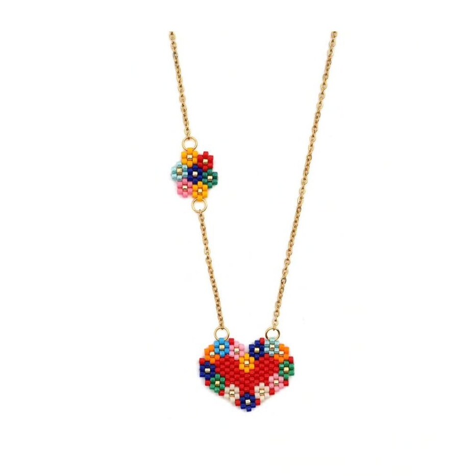 Goldtone Beaded Multi Colored Flower And Heart Pendant Necklace - White