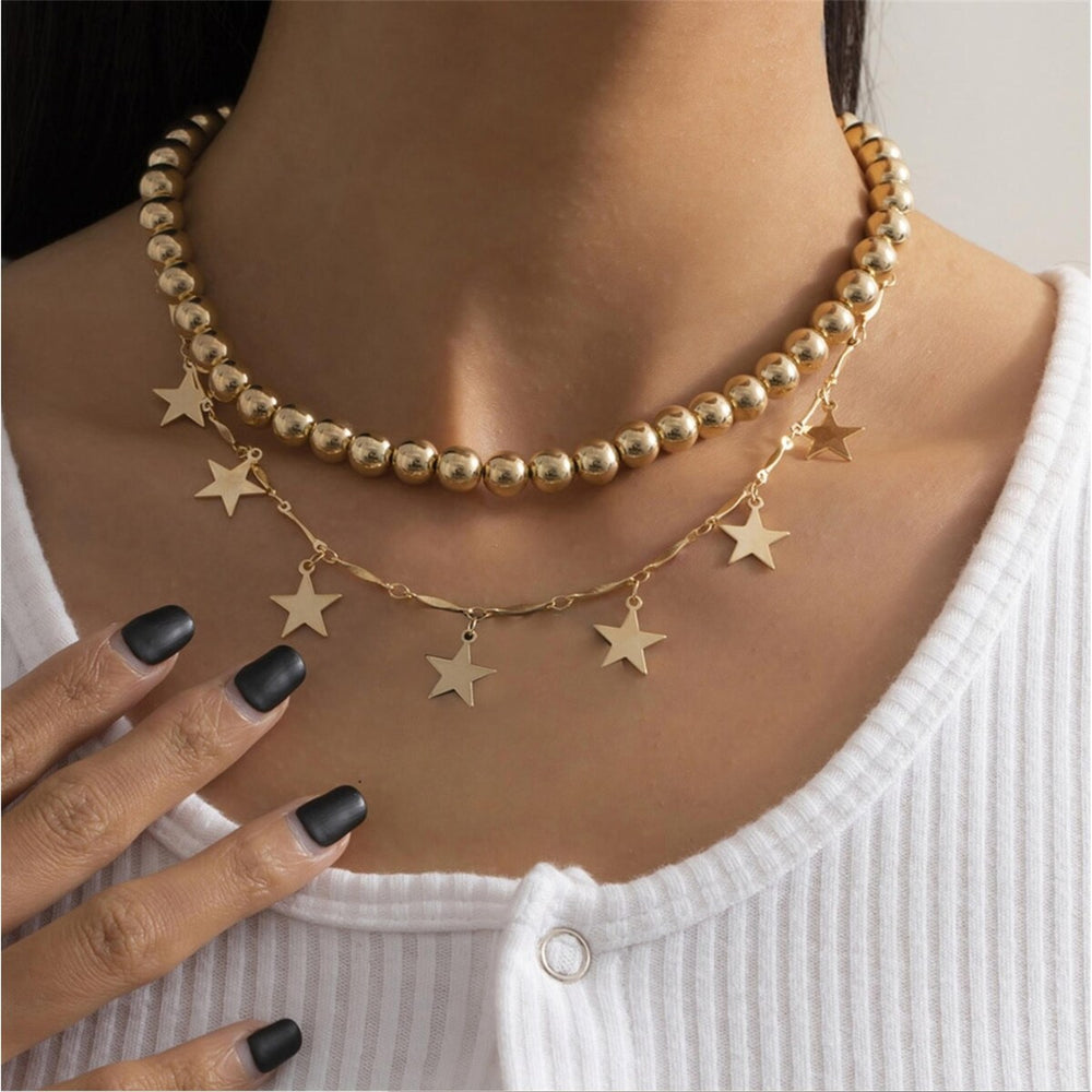 Goldtone Beaded Star Layered Necklace - White