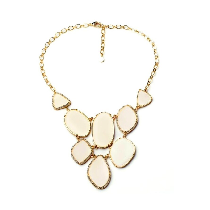 Goldtone Beige Statement Bib Necklace - White