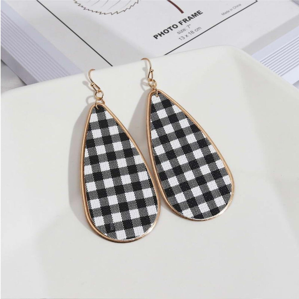 Goldtone Black And White Plaid Teardrop Drop Earrings