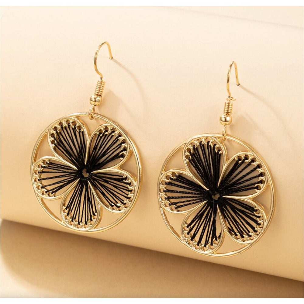 Goldtone Black Circular Floral Threaded Earrings