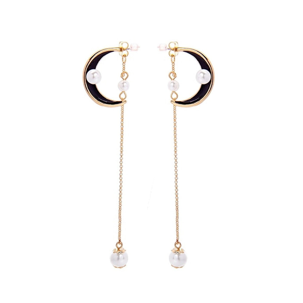 Goldtone Black Crescent Moon Earrings With Imitation Pearl